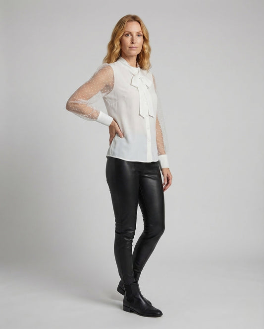 Damen Chiffon Bluse mit Schleifenkragen und Perlen - Eveloria