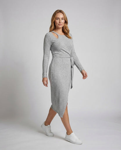Damen Rippstrick Midikleid mit Wickeldetail und Schlitz - Eveloria