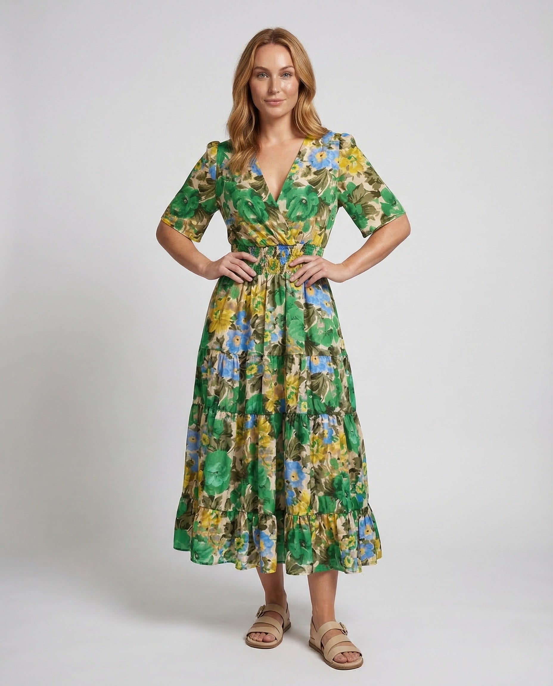 Damen Midikleid mit Blumenmuster V-Ausschnitt - Eveloria