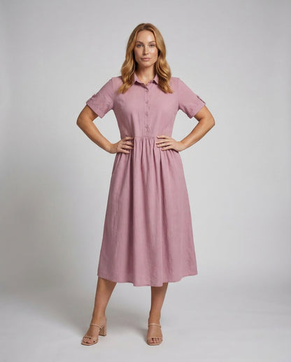 Damen Hemdblusenkleid Geraffte Taille Weiß - Eveloria
