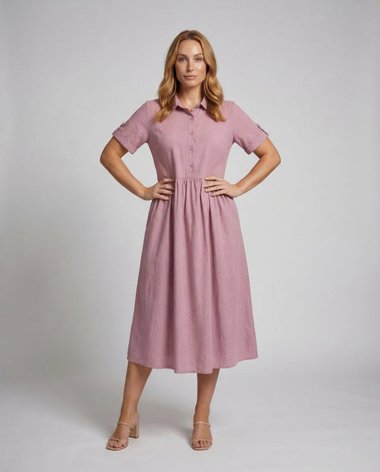 Damen Hemdblusenkleid Geraffte Taille Weiß - Eveloria