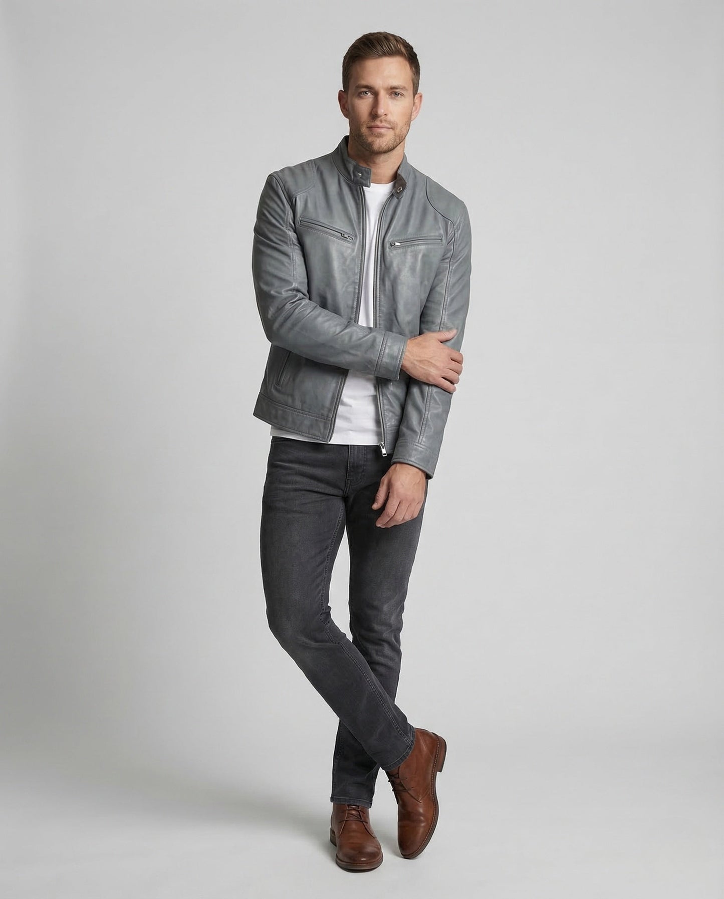 Herren Lederjacke Slim Fit Stehkragen - Eveloria