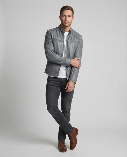 Herren Lederjacke Slim Fit Stehkragen - Eveloria