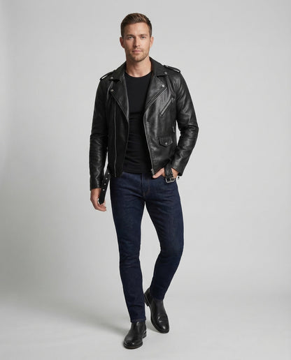 Herren Bikerjacke Kunstleder Asymmetrisch Schwarz - Eveloria