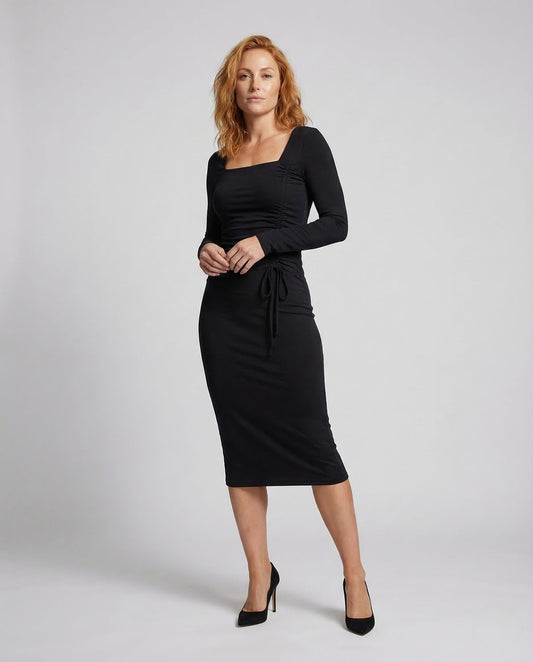 Damen Midikleid Eckiger Ausschnitt Raffung Schwarz - Eveloria