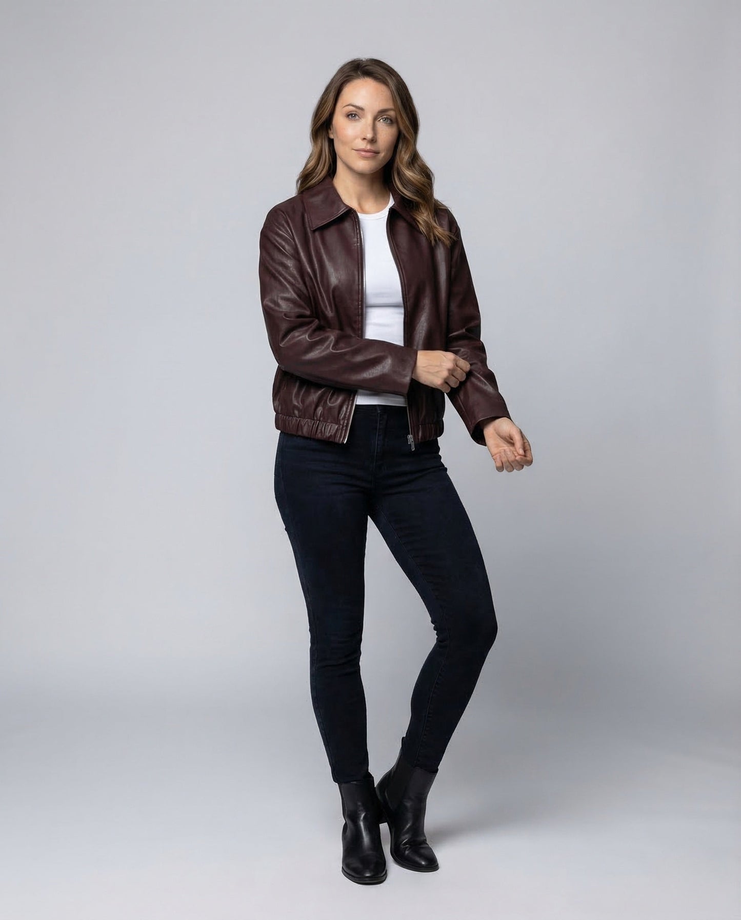 Damen Kurzlederjacke Hemdkragen Kunstleder Schwarz - Eveloria