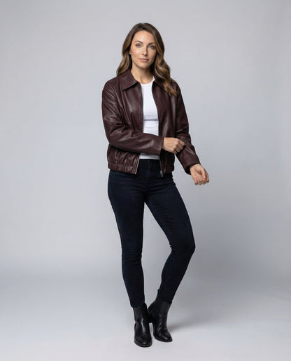 Damen Kurzlederjacke Hemdkragen Kunstleder Schwarz - Eveloria