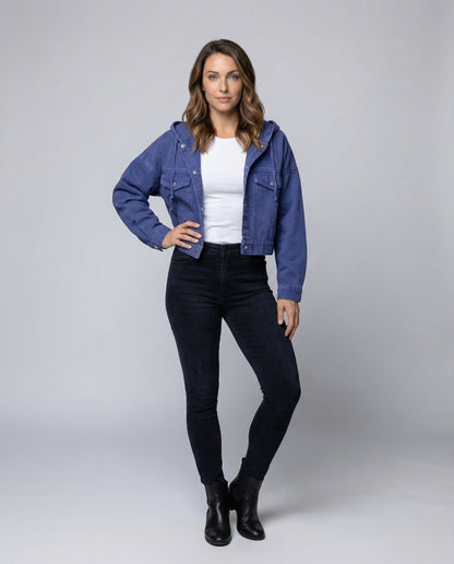 Damen Jeansjacke Kurz mit Kapuze - Eveloria