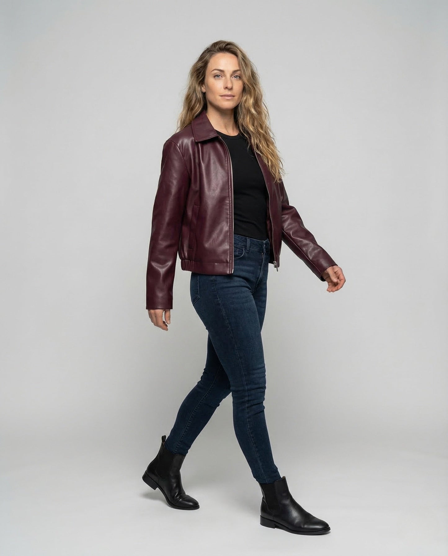 Damen Oversize Kunstlederjacke Mit Reißverschluss Schwarz - Eveloria