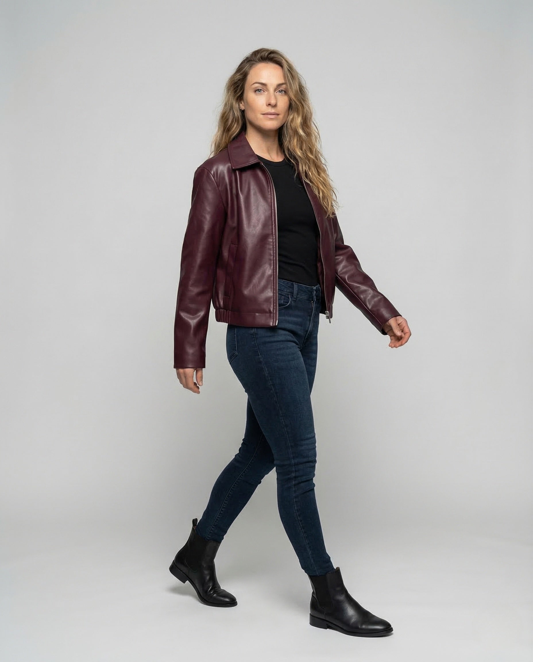 Damen Oversize Kunstlederjacke Mit Reißverschluss Schwarz - Eveloria