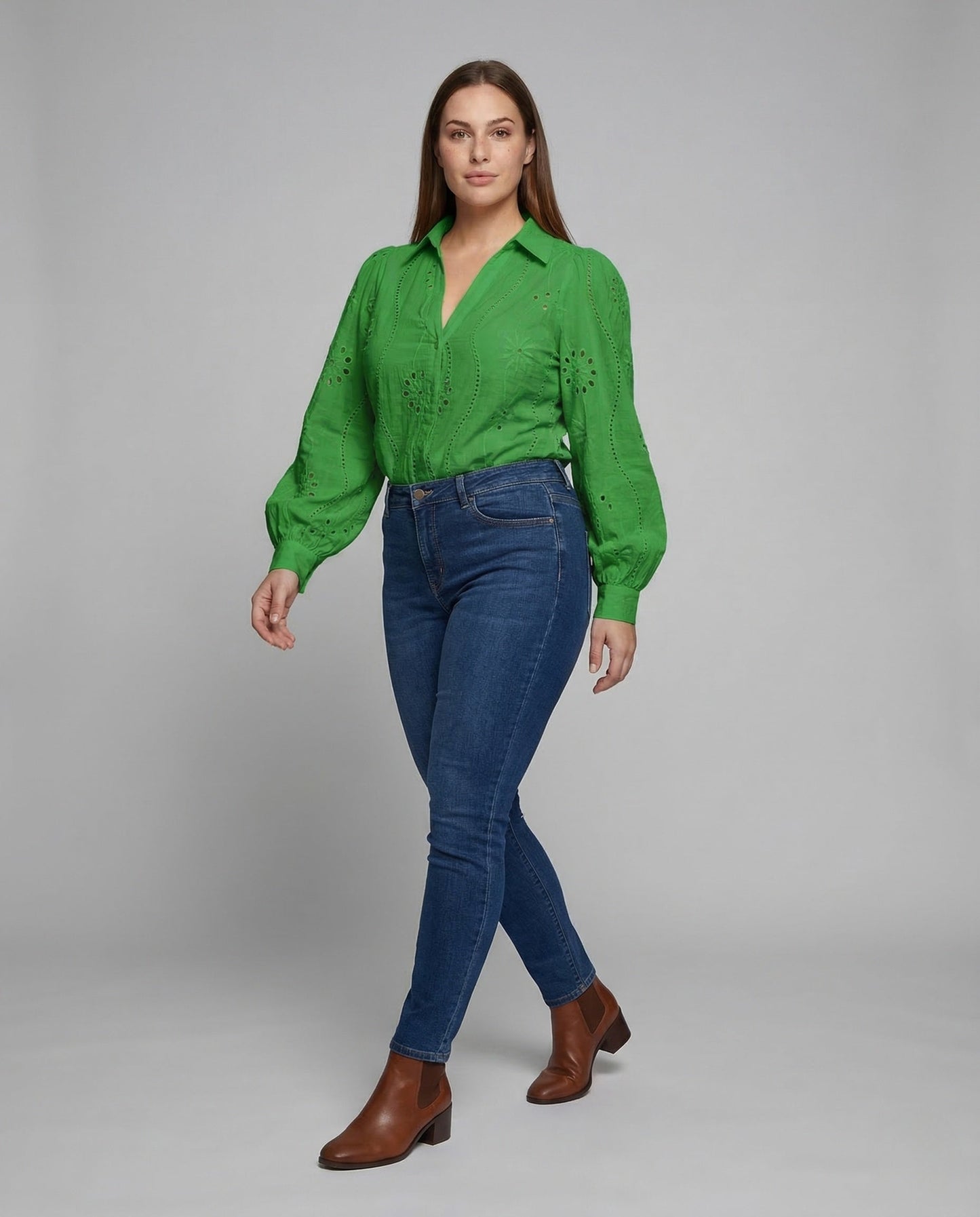 Damen Spitzenbluse Mit Lochstickerei Ballonärmel - Eveloria