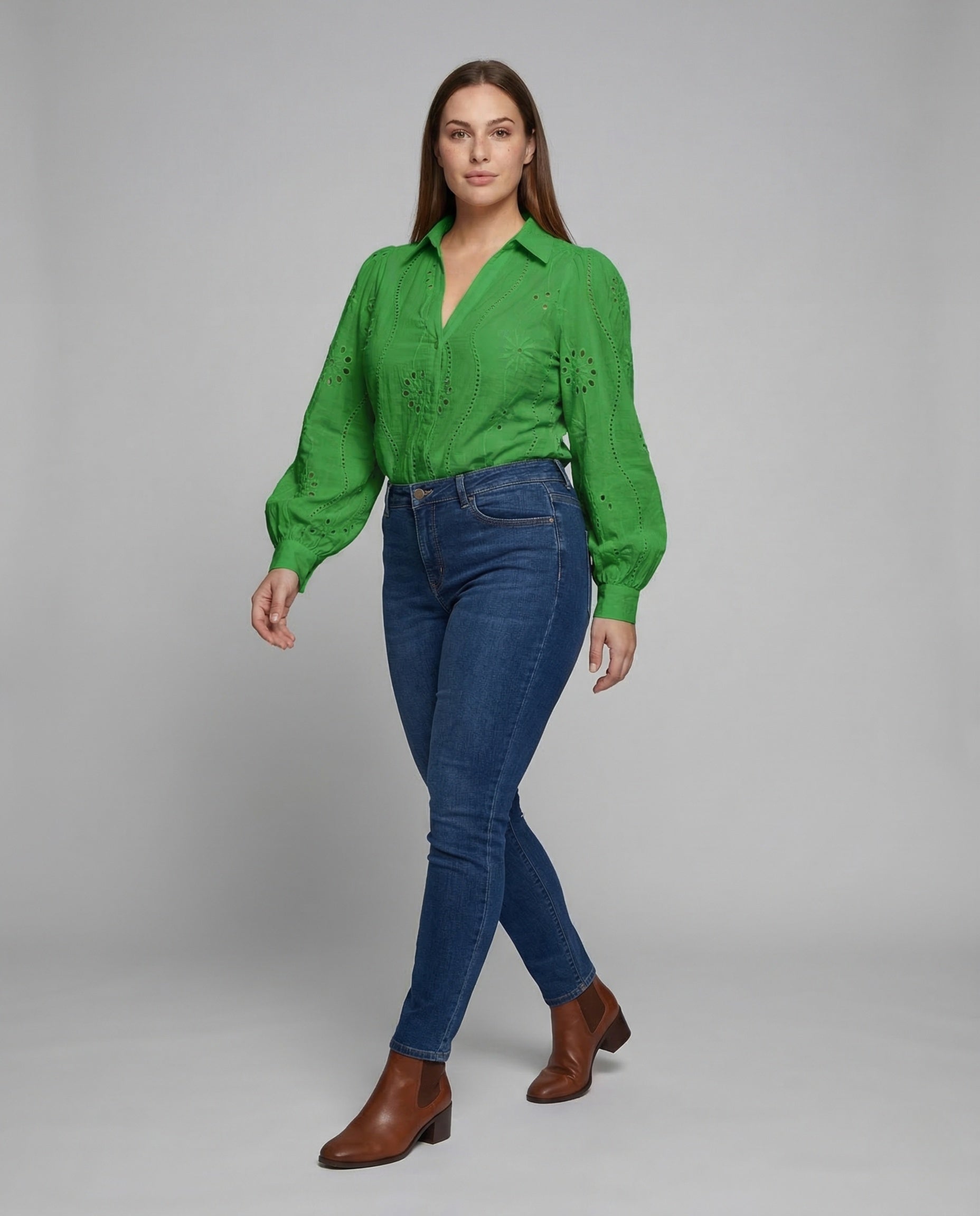 Damen Spitzenbluse Mit Lochstickerei Ballonärmel - Eveloria