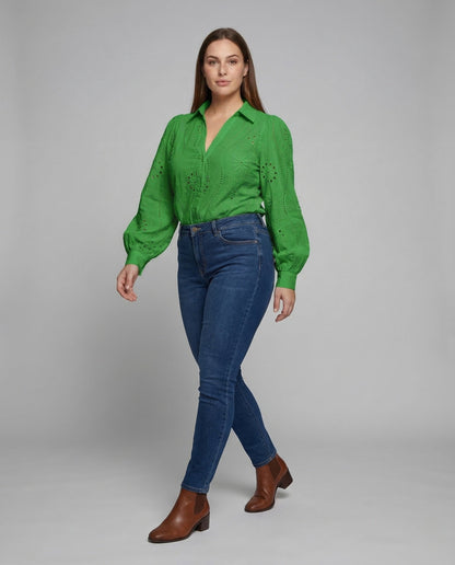 Damen Spitzenbluse Mit Lochstickerei Ballonärmel - Eveloria