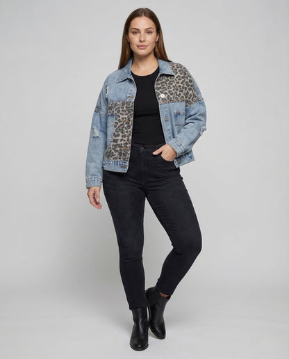 Damen Oversize Jeansjacke Leopardenbesatz Used Look - Eveloria