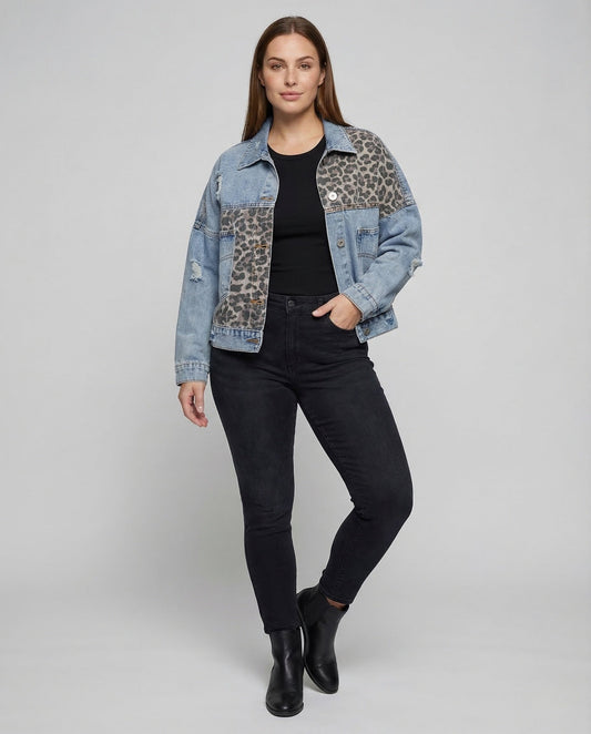 Damen Oversize Jeansjacke Leopardenbesatz Used Look - Eveloria