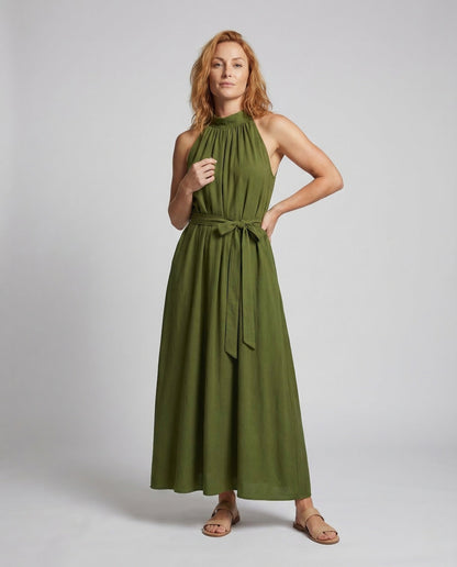 Damen Maxikleid Stehkragen Leinenoptik - Eveloria