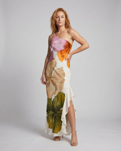 Damen Satin Maxikleid Einerschulter Schlitz - Eveloria
