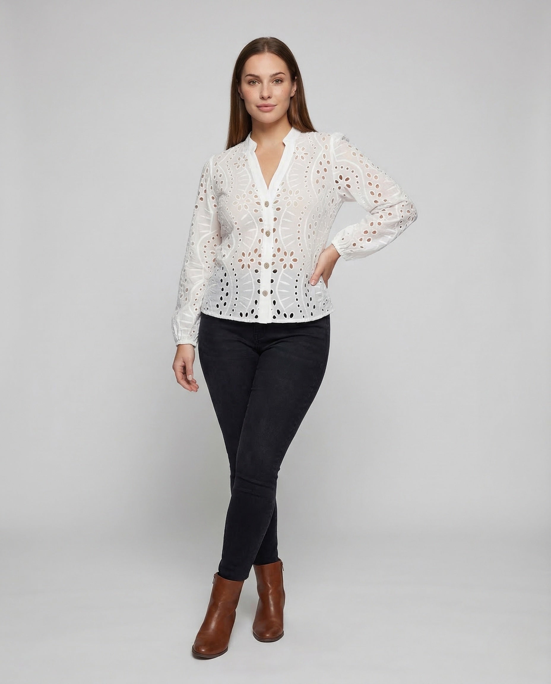 Damen Bluse Ballonärmel Lochstickerei - Eveloria