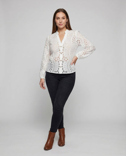 Damen Bluse Ballonärmel Lochstickerei - Eveloria