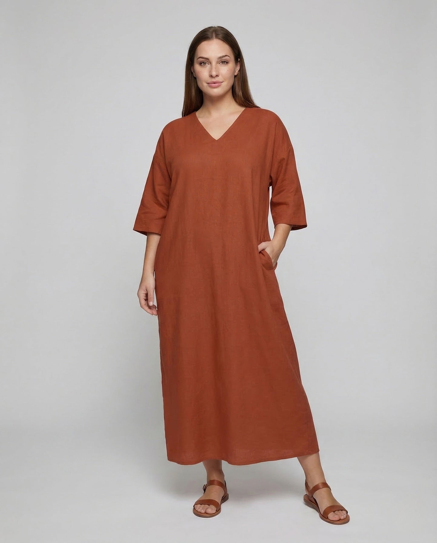 Damen Leinenkleid Lang Kaftan-Stil - Eveloria