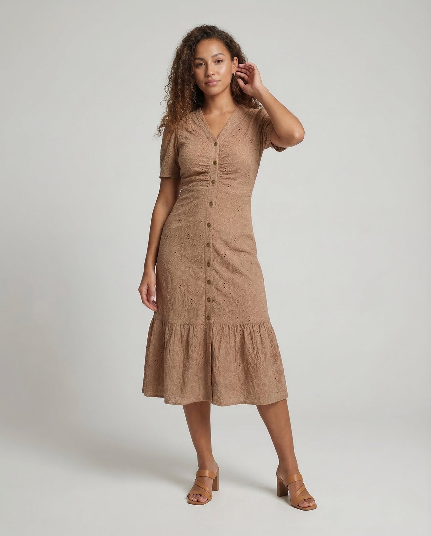 Damen Midikleid mit Lochstickerei und Knöpfen - Eveloria