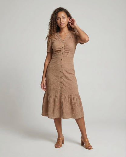 Damen Midikleid mit Lochstickerei und Knöpfen - Eveloria