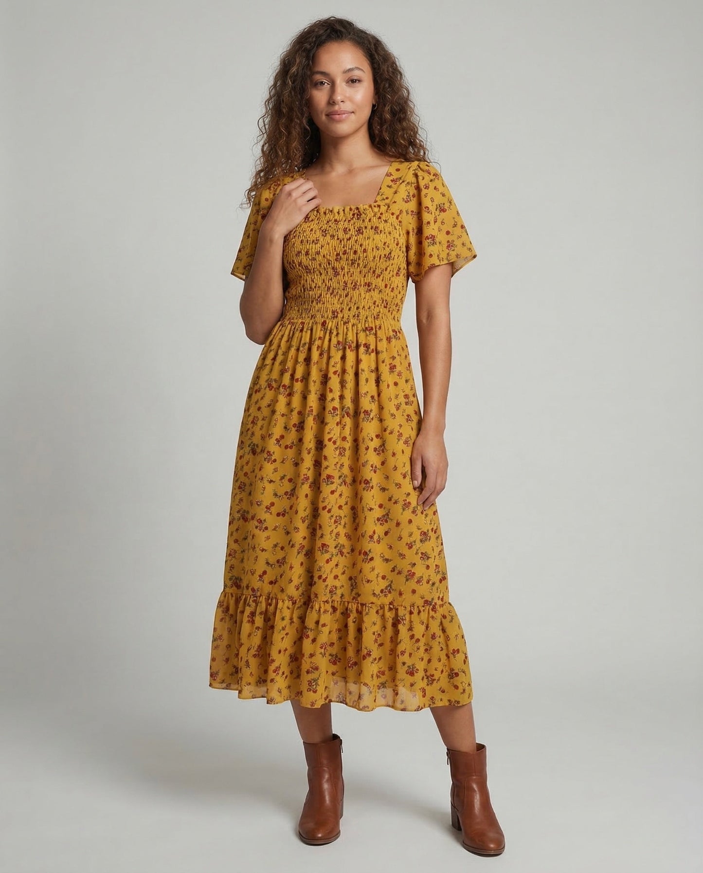 Damen Midikleid mit Puffärmeln Smock - Eveloria