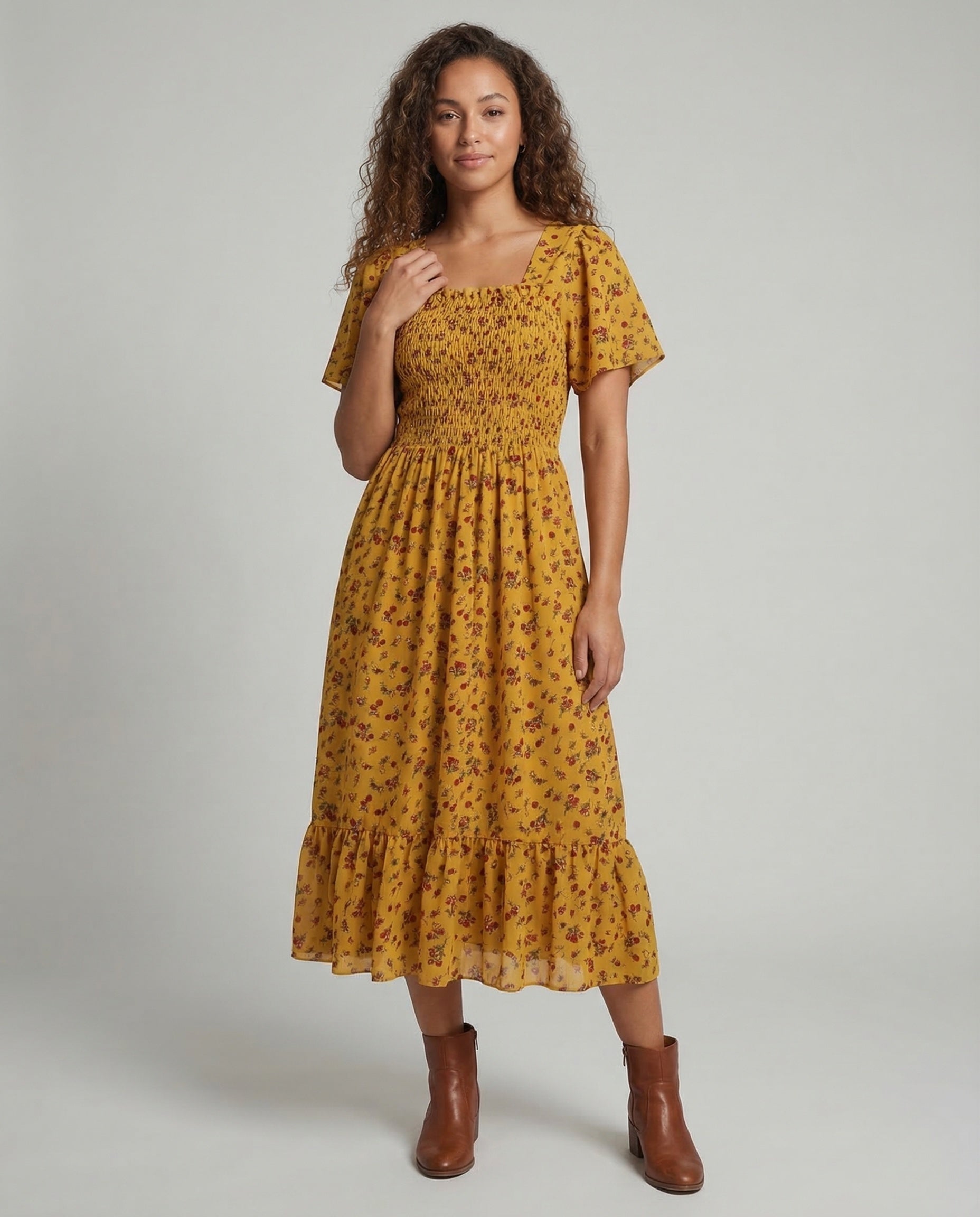 Damen Midikleid mit Puffärmeln Smock - Eveloria