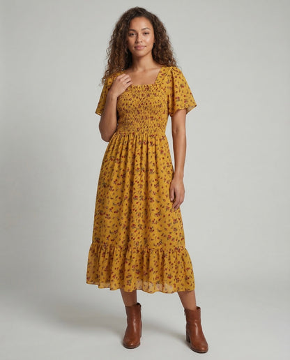 Damen Midikleid mit Puffärmeln Smock - Eveloria