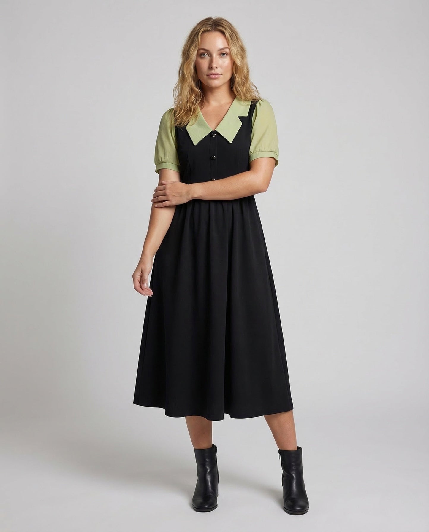 Damen Midikleid mit Reverskragen und Puffärmeln - Eveloria