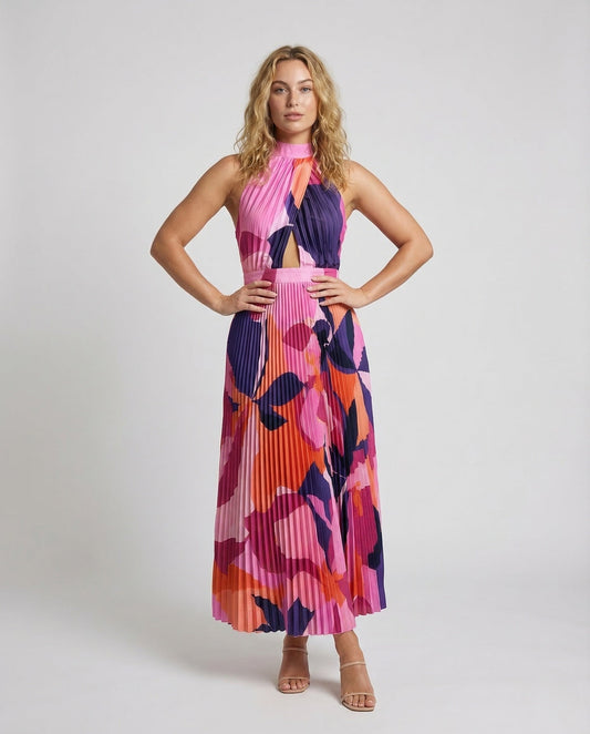 Damen Maxikleid Plissee Hochgeschlossen - Eveloria