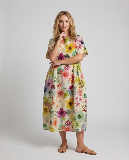 Damen Leinen Kaftan Kleid Blumenmuster - Eveloria