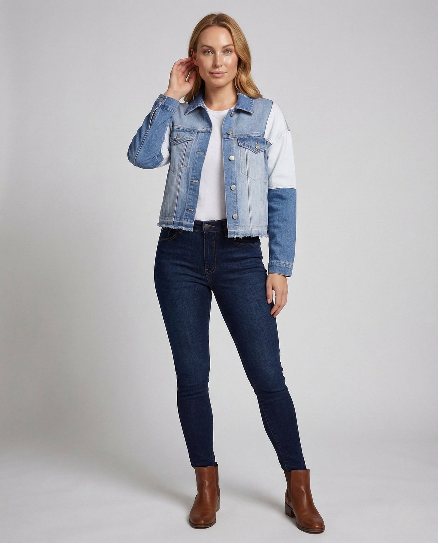 Damen Jeansjacke Kurz Patchwork - Eveloria
