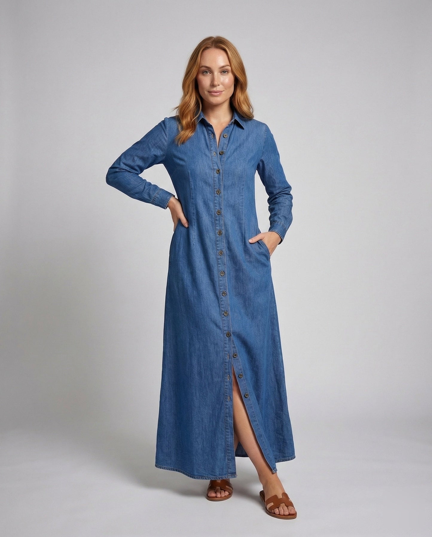 Damen Jeanskleid Lang mit Hemdbluse - Eveloria
