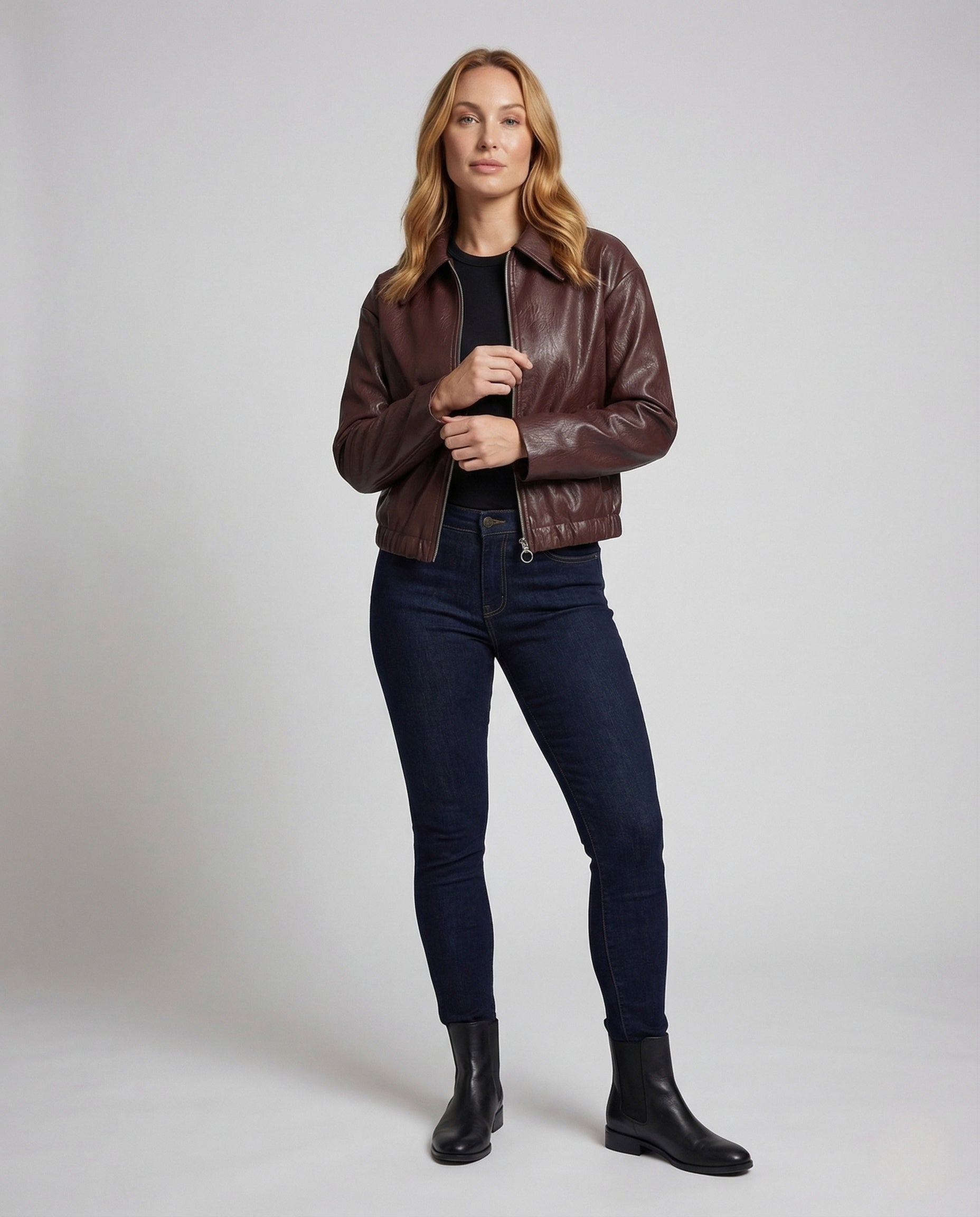 Damen Kunstlederjacke Kurz Kragen Schwarz - Eveloria