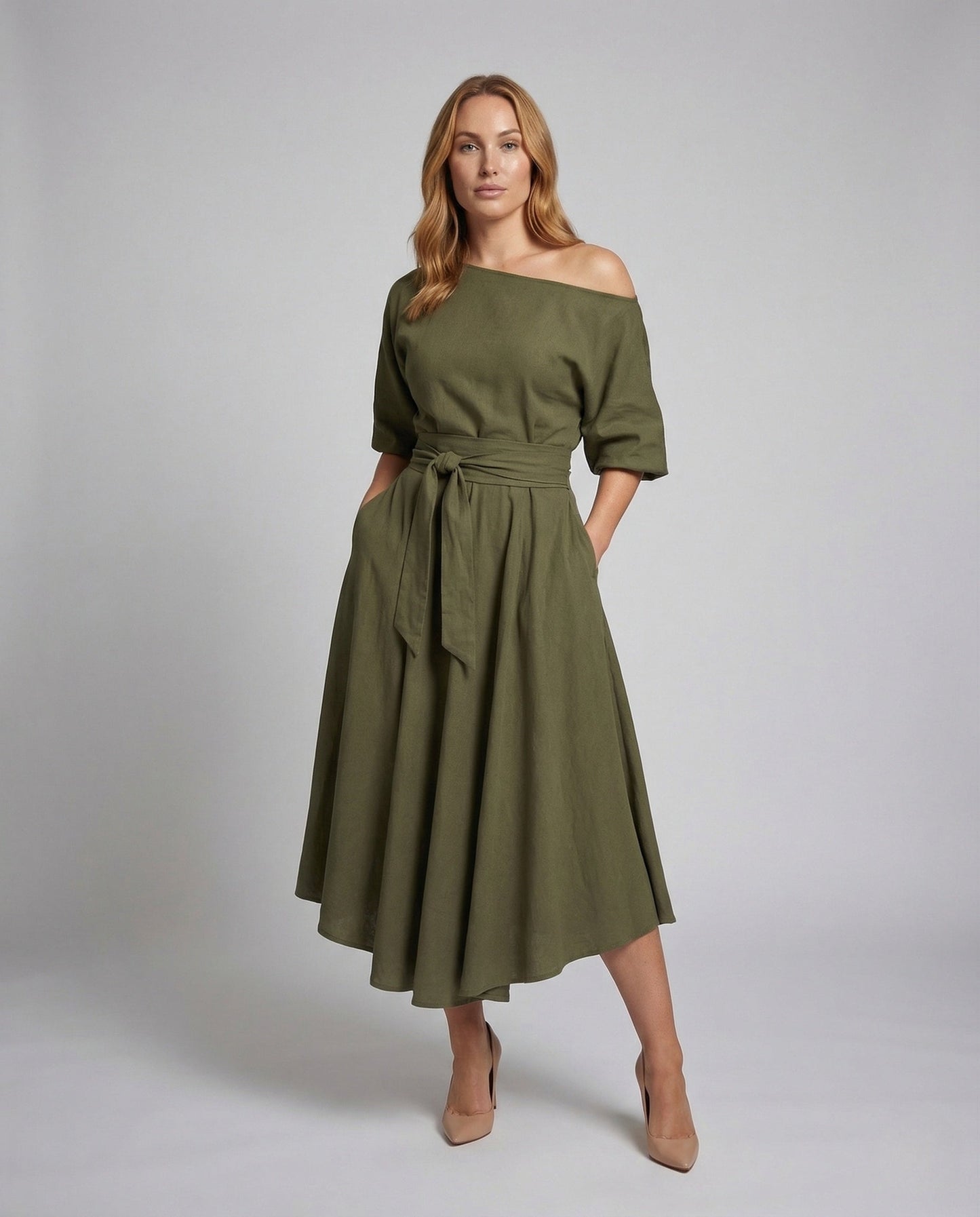 Damen Midikleid Schulterfrei mit Gürtel - Eveloria