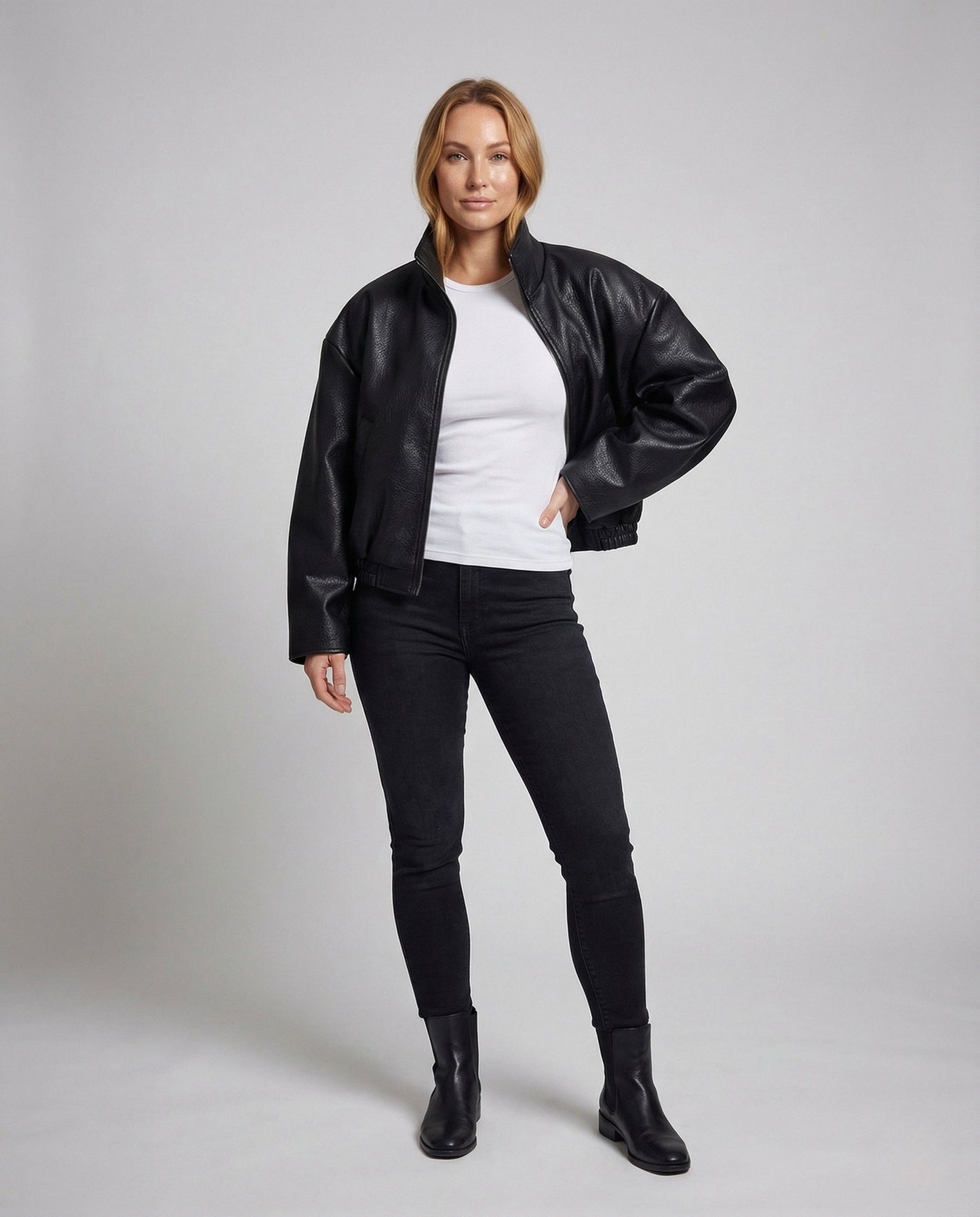 Damen Kunstleder Bomberjacke Oversize Schwarz - Eveloria