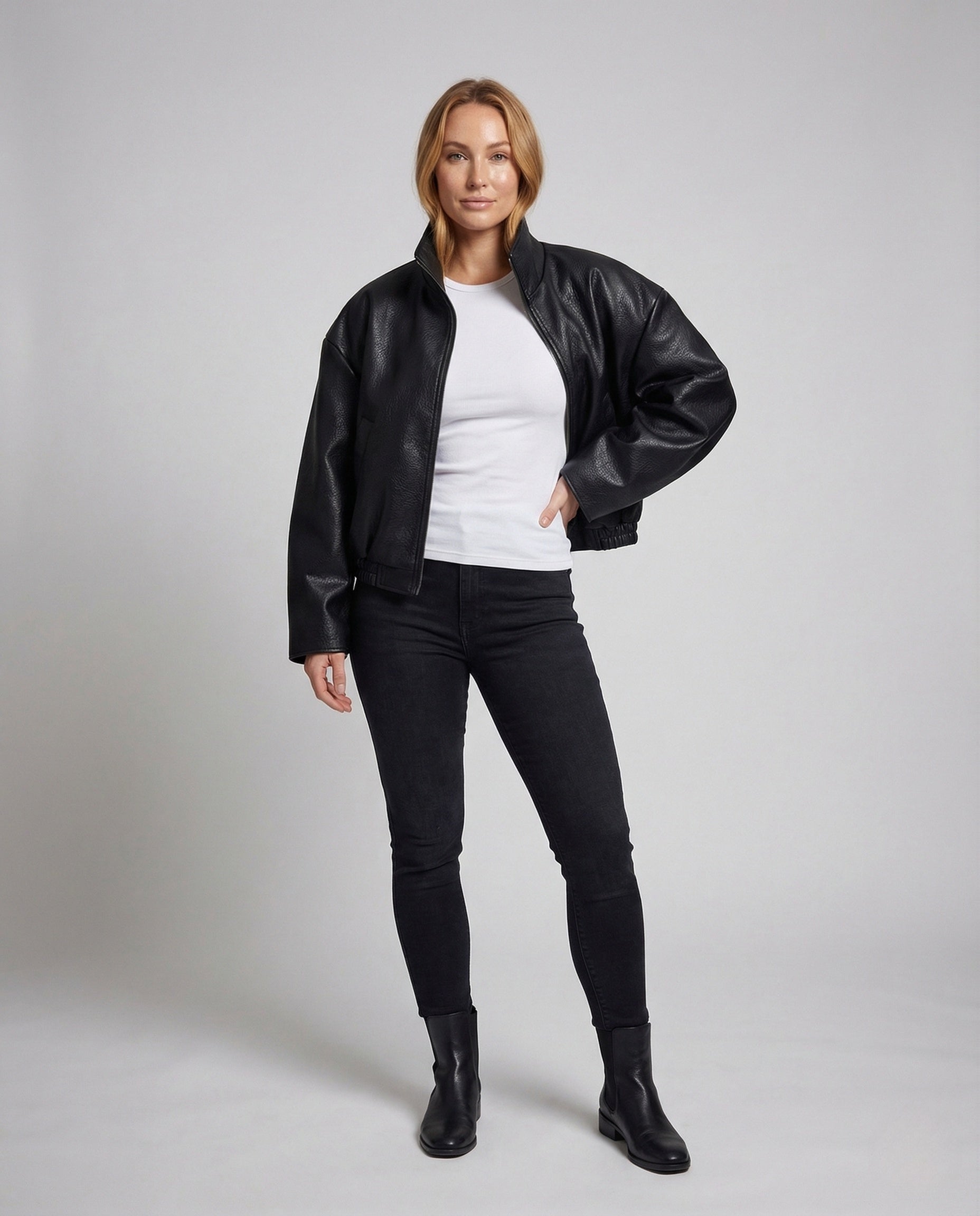 Damen Kunstleder Bomberjacke Oversize Schwarz - Eveloria