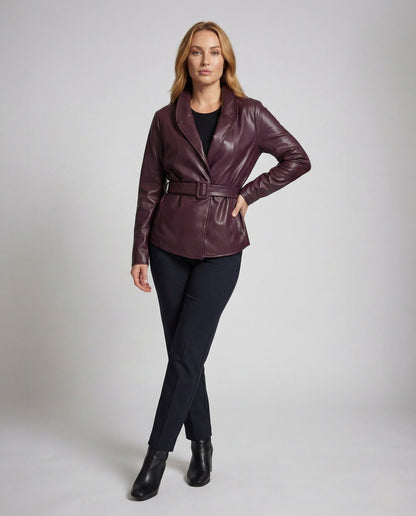 Damen Kunstlederjacke Stehkragen mit Gürtel Schwarz - Eveloria