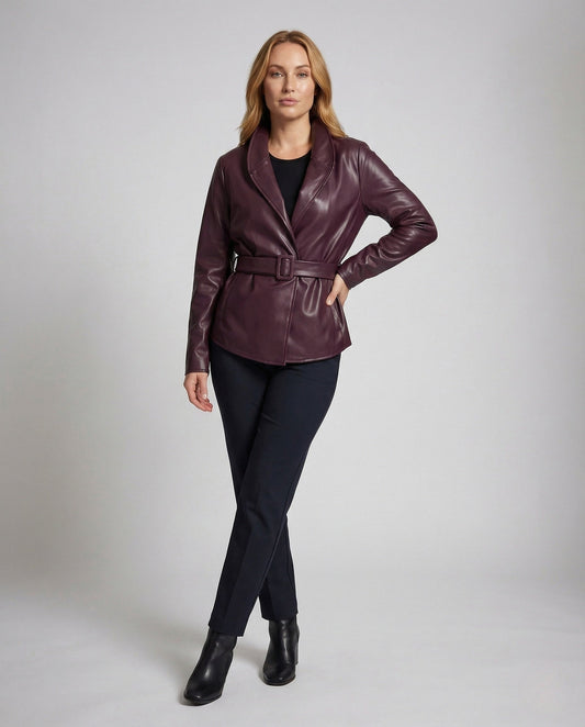 Damen Kunstlederjacke Stehkragen mit Gürtel Schwarz - Eveloria