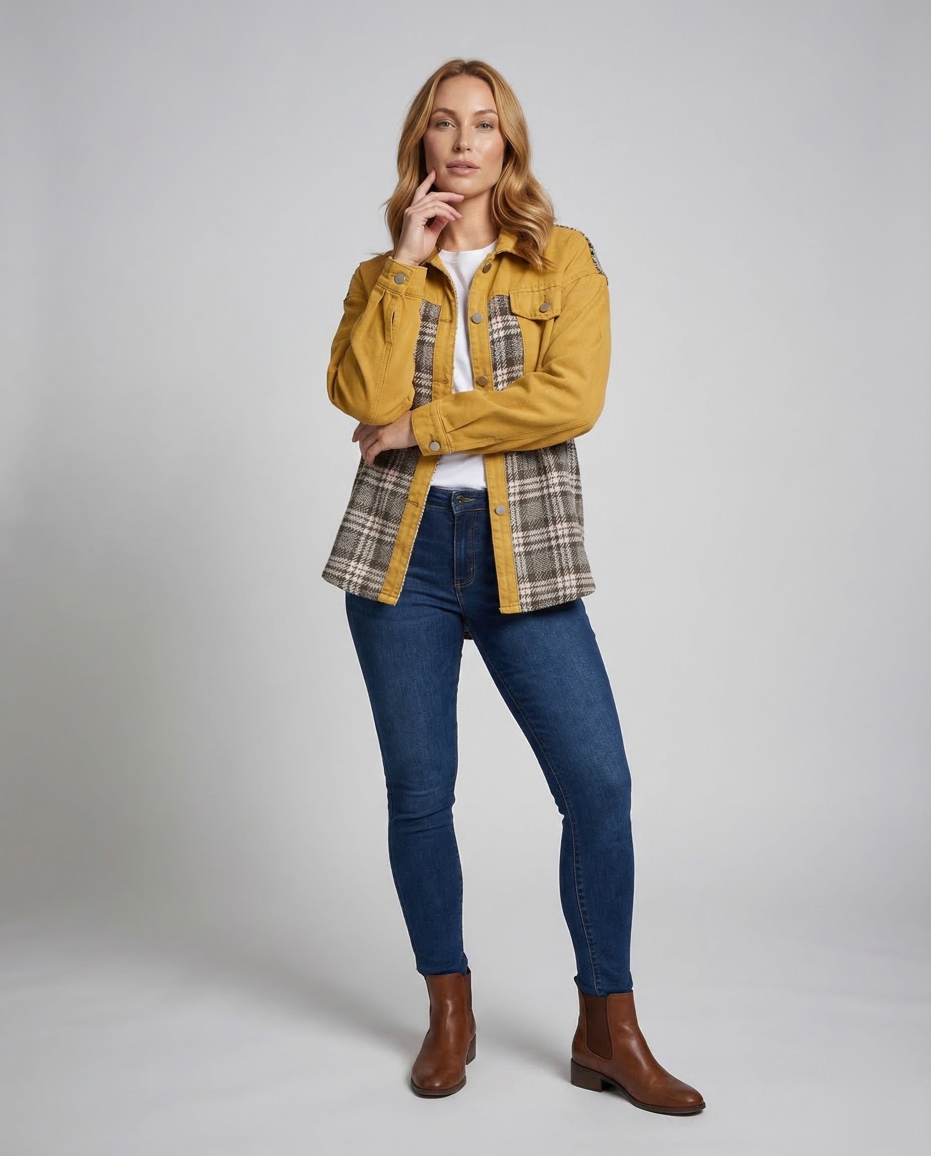 Damen Oversize Jeansjacke Karoeinsätze - Eveloria