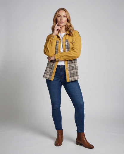 Damen Oversize Jeansjacke Karoeinsätze - Eveloria