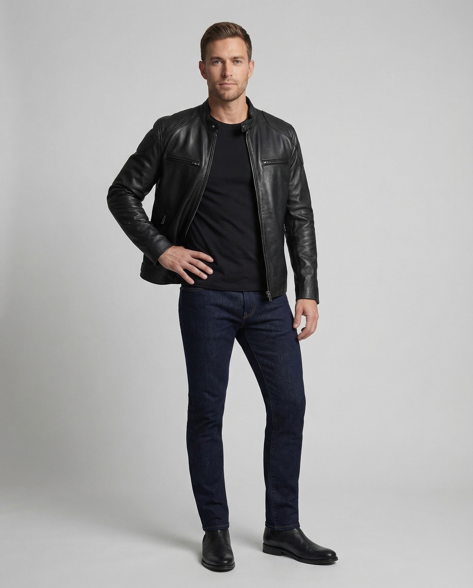 Herren Lederjacke Echtleder Stehkragen Schwarz - Eveloria