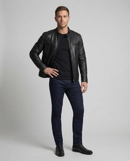Herren Lederjacke Echtleder Stehkragen Schwarz - Eveloria