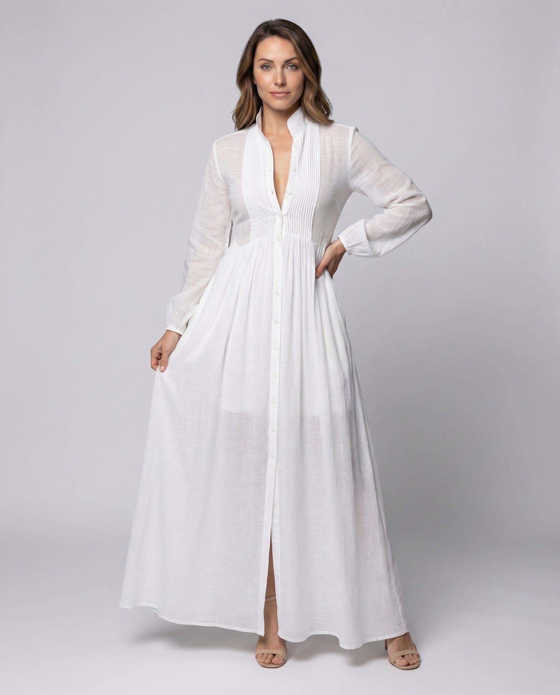 Damen Maxikleid Stehkragen mit Knöpfen - Eveloria
