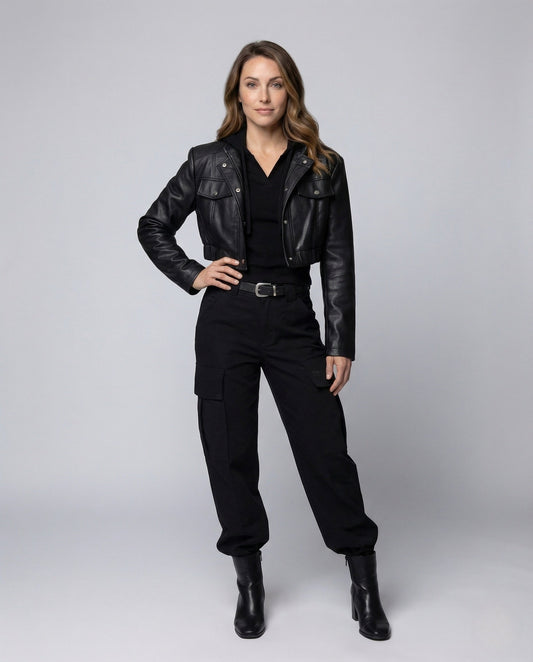 Damen Bikerjacke Kunstleder Schulterpolster Schwarz - Eveloria