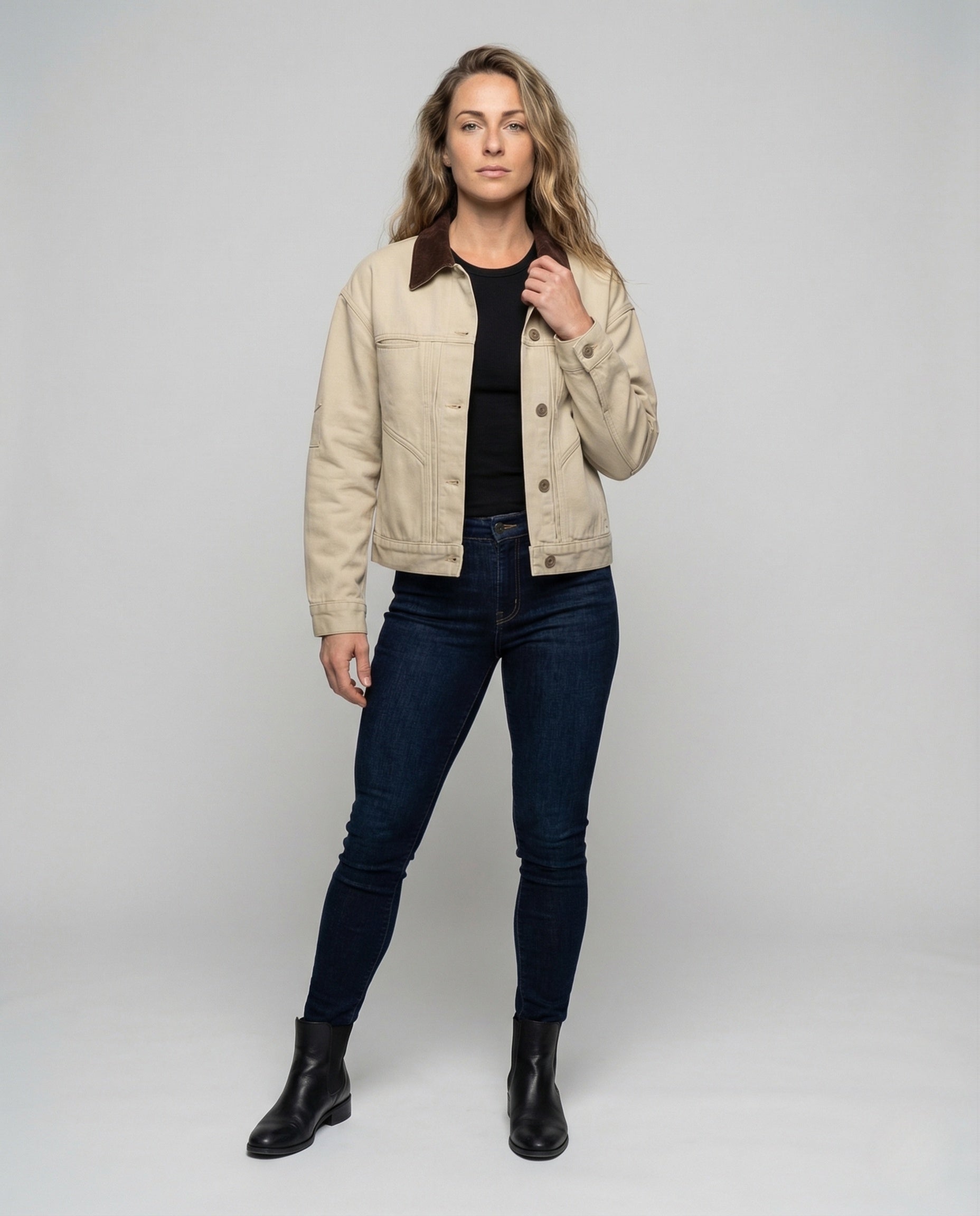 Damen Jeansjacke Kurz Cordkragen - Eveloria