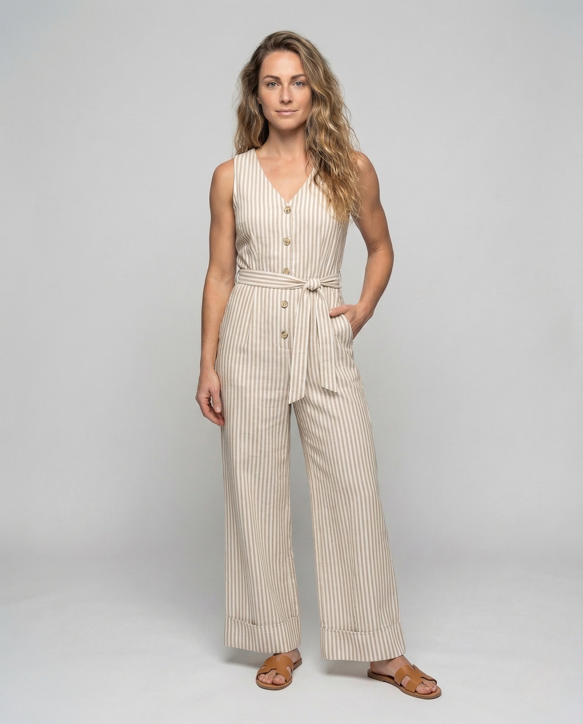 Damen Jumpsuit V-Ausschnitt mit Gürtel - Eveloria