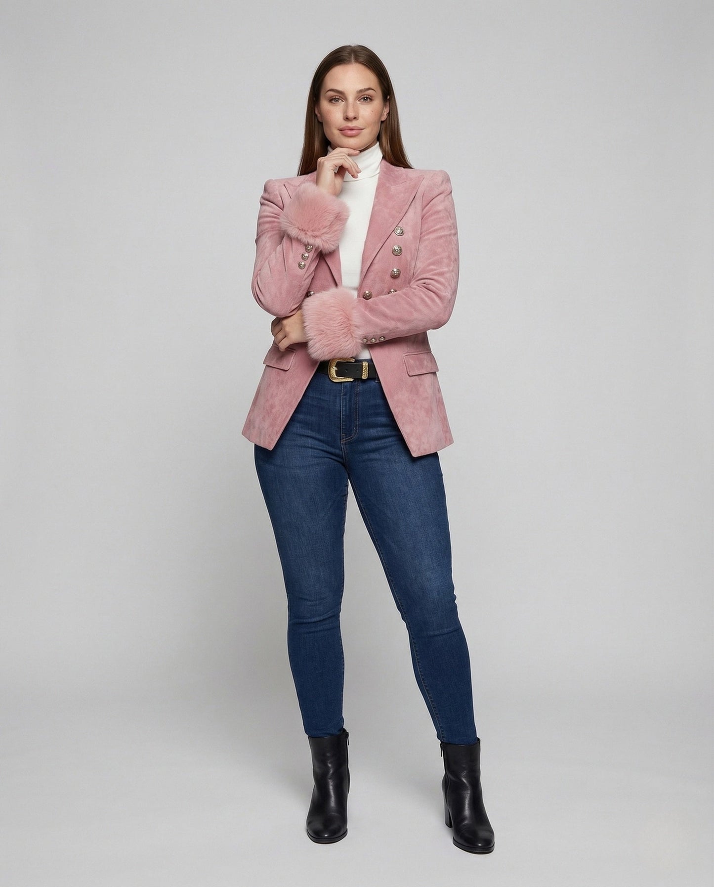 Damen Samt Blazer mit Kunstfell Manschetten - Eveloria