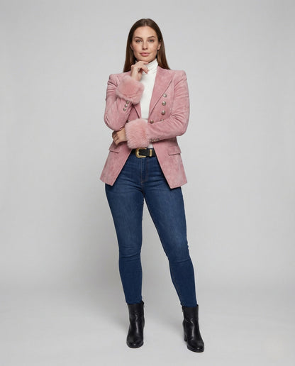 Damen Samt Blazer mit Kunstfell Manschetten - Eveloria